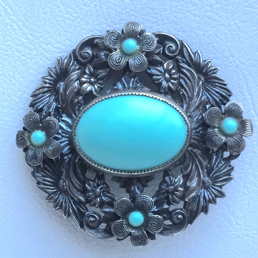 ANTIQUE PASTE BROOCH PIN TURQUOISE SILVER GOOD CND - Picture 1 of 5